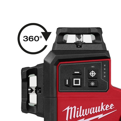 Milwaukee M12A3PLO-0C 12V M12 Green Auto Alignment 360° 3 Plane Laser with 1 x 2.0Ah Battery Charger Case & Laser Tripod